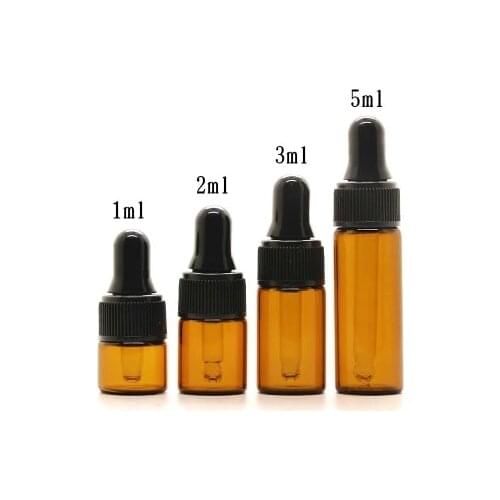 100pcs/lot 1ml 2ml 3ml 5ml Empty Dropper Bottle Portable Amber Glass bottle Esstenial Oil Bottle with Glass Eye Dropper