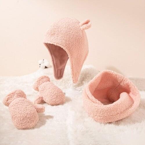 97BE 3 Pack Kids Hat Bib Mittens Kit Cozy Winter Beanie Neck Scarf Gloves Warm Set Compatible with 1-4 Years Old Children