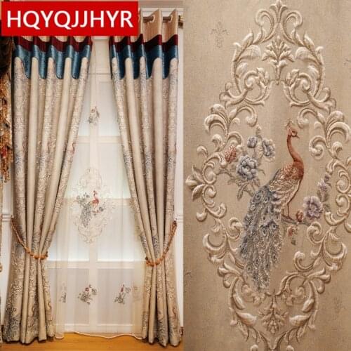 Beige Luxury Peacock 3D Embossed Jacquard Full Blackout Bedroom Curtains High-Quality Embroidered Voile Curtain for Living Room