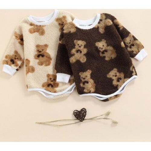 FOCUSNORM 0-24M Newborn Baby Boy Girl Jumpsuits Long Sleeve Cartoon Bear Pattern Plush Fur Warm Romper