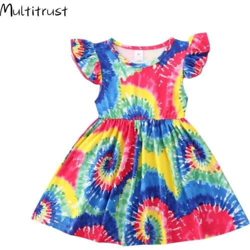 Summer Baby girls children clothes milk silk Tie dyed short sleeve kenn length dress cotton ruffle boutique match bow