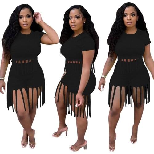 Classic All Black Tassel Patchwork Tracksuit Two Piece Sets Womens Outfits Slim Short Sleeve Pullover Top Biker Shorts Street