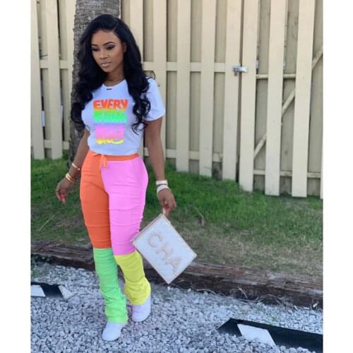 Two Piece Set Women Fashion Colorblock Letter Print Tops Long Pants Sets Wholesale Items Outfits For Women