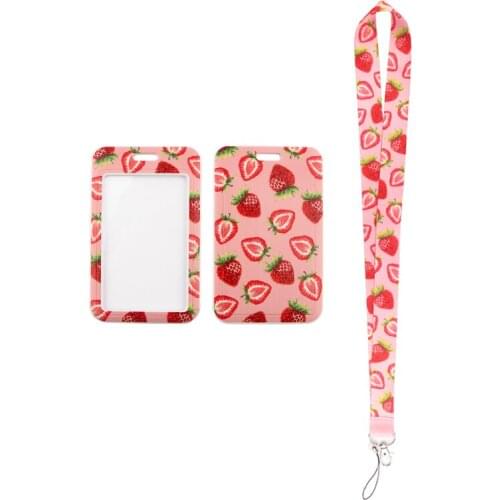 MD512 DMLSKY Cartoon Strawberry Fruit Card Holder ID Holder Bus Card Holder Staff Card With Lanyard