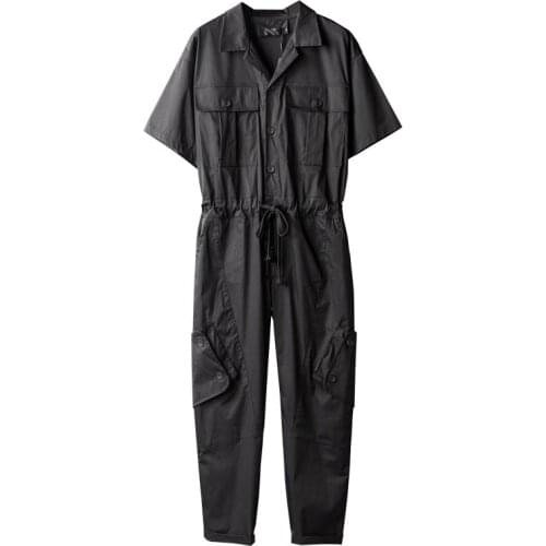 2021 Summer Thin Overalls Men Jumpsuit Short Sleeve Multi-Pocket Drawstring Waist Hip Hop Streetwear Pants Black Trousers