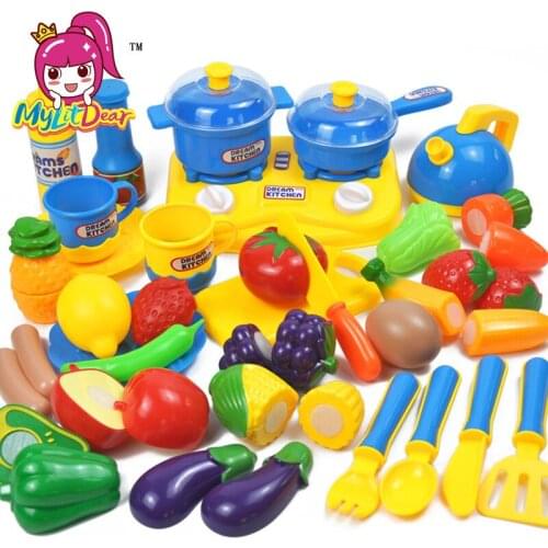 MylitDear 34Pcs Plastic Kitchen Food Fruit Vegetable Cutting Toys Pretend Play Educational Kitchen Toys Cook Cosplay Children