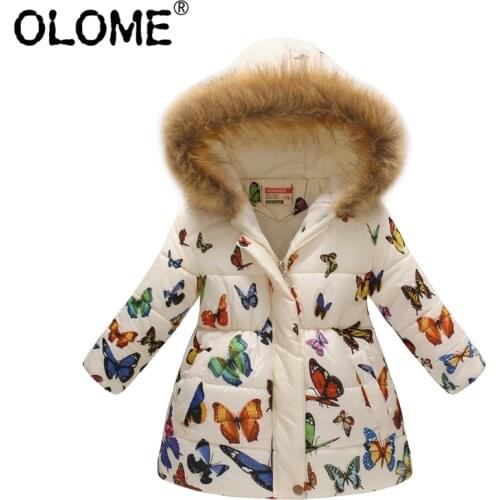 OLOME Fashion Girls Puffer Jacket Winter Children Coat Fur Hood Kid Girls Clothing Hooded Toddler Coat Floral Infant Outwear