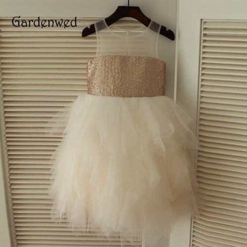 Gardenwed 2019 Puffy Champagne Layers Ruched Girls Gown Top Gold Sequin Tulle Neck Ruffles Skirt Flower Girl Dresses for Wedding