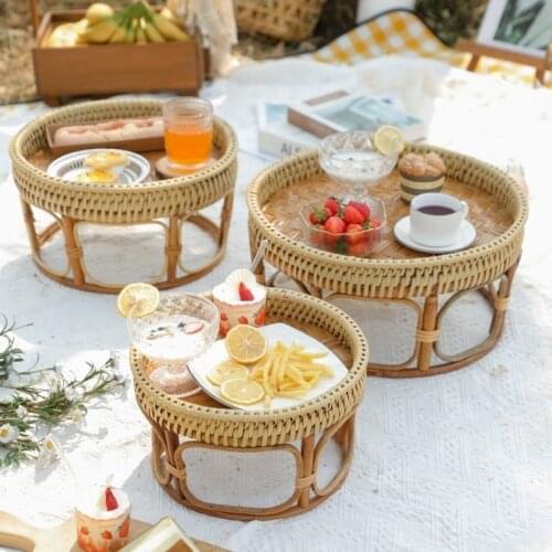 Rattan Coffee Moroccan Bed Small Table Room Sofa Bamboo Woven Fruit Storage Basket Picnic Dessert Homestay Decoration Placemat