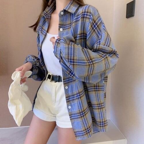 HOUZHOU Plaid Shirts Women Lantern Sleeve Cardigan Vintage Top Pink Purple Checkered Beautiful Blouse Fashion Button Up Oversize