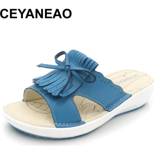 CEYANEAO 2018 Summer women flat sandals Shoes white leather ballet slippers round toe fringe slides sandals female flip flops