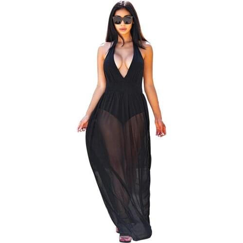 Mesh See Through Patchwork Maxi Dress Women Deep V-neck Halter Backless Summer Beach Dress Sexy Party Long Dress Sundress Robes