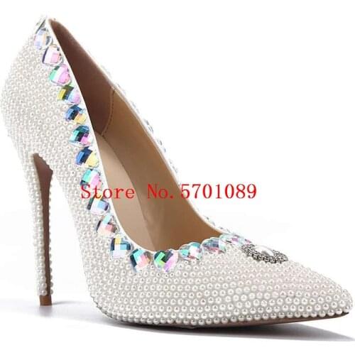 Crystal Pointed Toe Wedding Shoes Bride Fashion Party Heels Pumps Woman White Pearl Thin Heel Shoes 11cm Genuine Leather Pumps