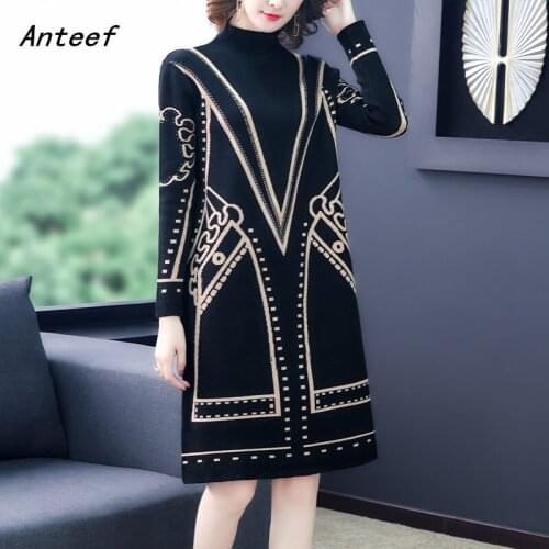 Long sleeve knitted vintage women causal loose midi autumn winter sweater dress elegant clothes 2021 ladies dresses