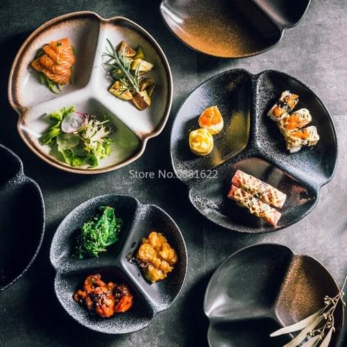 Japanese-style Three Grid Divided Plate CeramicPlate Creative Breakfast Plate Dessert Plate Household Snack Plate with DishPlate