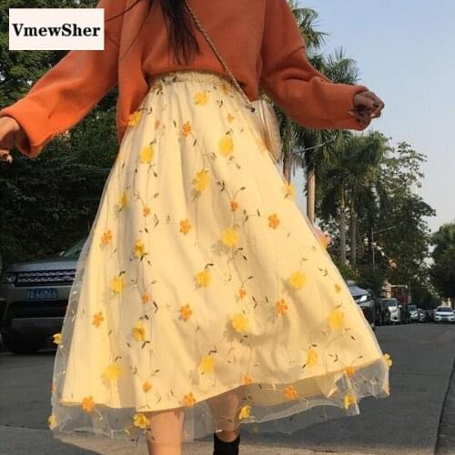 VmewSher New Fashion Embroidery Flower Women Skirts Sweet Elastic High Waist Casual Mesh Lady Elegant Floral Net Yarn Skirts