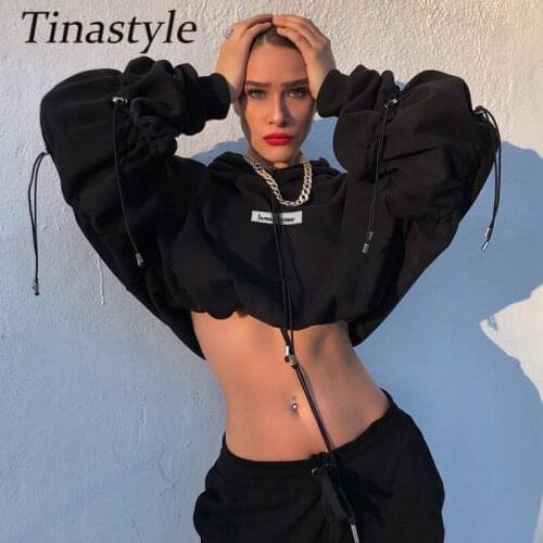 Tinastyle Black Short Oversized Hoodies Women Drawstring Cropped Autumn Loose Long Sleeve Sweatshirt Y2K Loose Streetwear