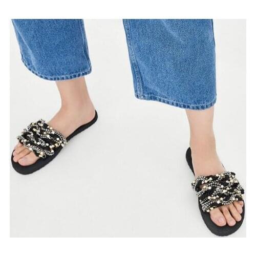 Moraima Snc Crystal Embellished Rope Beaded Flat Shoes Woman Open Toe Summer Slippers Comfortable Ladies Sandal