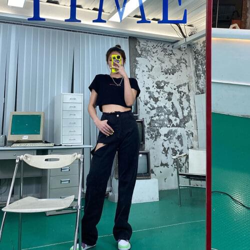 Woman Jeans Pants Ripped High Waist Black Oversized Jeans Female Baggy Straight Trousers Pantalones Vaqueros Mujer