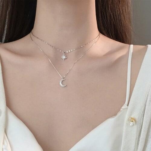 Hot 925 Sterling Silver Exquisite Moon Choker Shining Star Double Necklace Party Gift Fashion Jewelry for Women SNK032