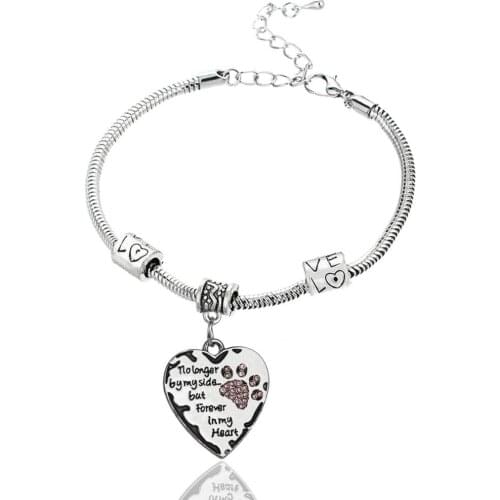 12PC Love Bead Chain No Longer By My Side But Forever In My Heart Bracelets Pink Dog Paw Print Heart Pendant Bangles Pet Lovers Gifts Wristband