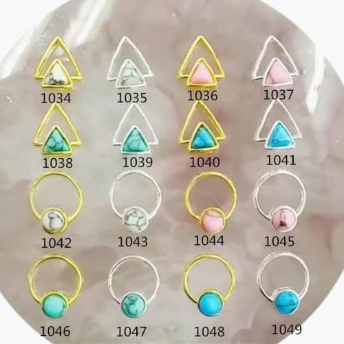 20pcs/pack Japan Alloy Nail Art Double Triangle Round with Turquoise Stone Metal Accessories for Phototherapy Nail Sticker DIY
