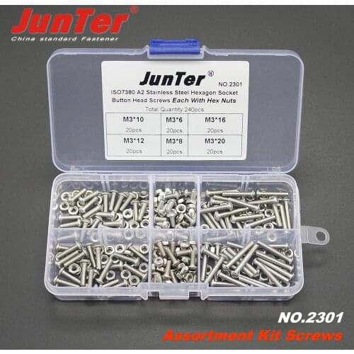 240pcs M3 (3mm) A2 Stainless Steel ISO7380 Button Head Allen Bolts Hexagon Socket Screws With Nuts Assortment Kit NO.2301