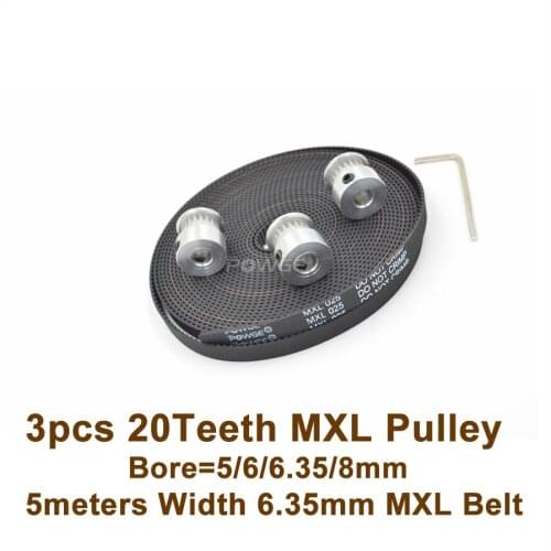3pcs 20 Teeth MXL Timing Belt Pulley Bore 5/6/6.35/8mm + 5meters W=6.35mm MXL Belt 3D Printer,Ultimaker 20T 20Teeth MXL Pulley