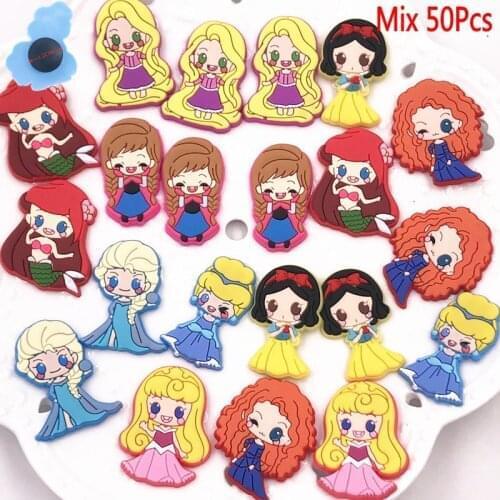 50pcs Wholesale Cartoon Princess PVC Shoes Accessories Shoe Decorations Fit Croc Jibz Charm Backpack Girls Party Presents