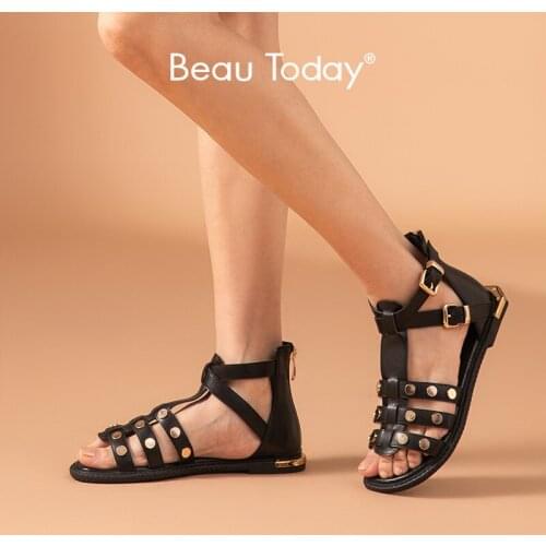 BeauToday Gladiator Sandals Women Calfskin Leather Open Toe Round Buttons Metal Buckle Female Summer Flat Shoes Handmade 33055