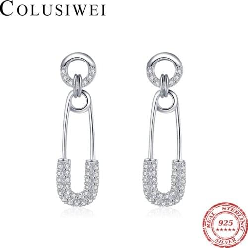 Colusiwei 925 Sterling Silver Sparkling Paperclip Stud Earrings Clear Zirconia Earrings for Women Engagement Fine Jewelry