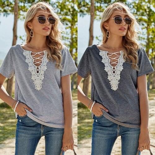 Summer Women T-Shirts Sexy Lace French Style Solid Color Short Sleeve Loose Female Top Tee Holiday OL Casual C2542