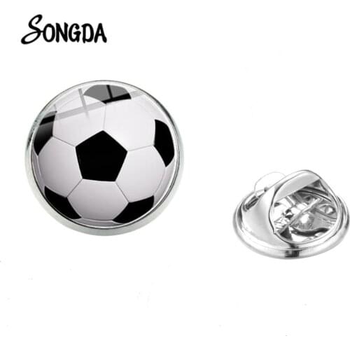 Soccer Basketball Brooch Pin Fashion Sport Football Ball Print Glass Round Stainless Steel Badge Child Backpack Brooches
