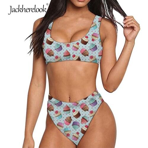 Jackherelook Cute Cupcake Print Girls Summer Halter Two-piece Swimming Sport Bikini Set Sexy Beach Bodysuit Buquini for Femme