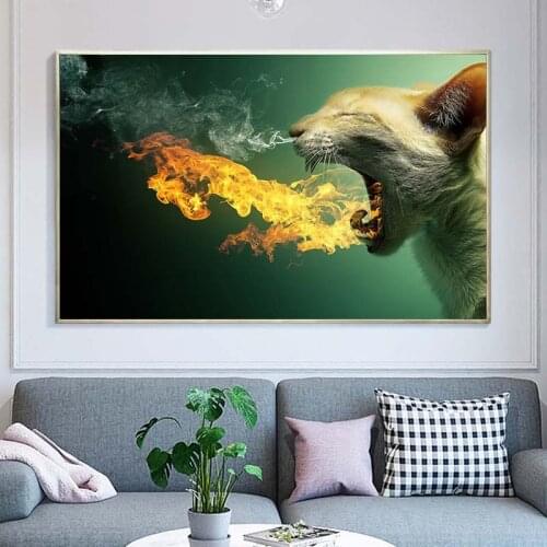Modern Animal Art Painting Print on Canvas Wall Canvas Art Spitfire Cat Picture Wall Animal Poster for Living Room Home Decor