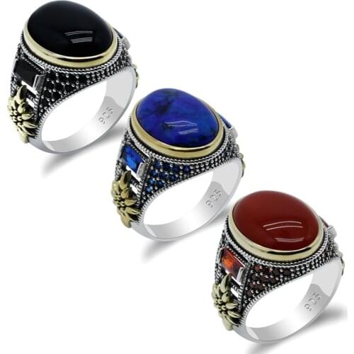 Agate/Onyx/Lapis Men Ring 925 Sterling Silver Oval Natural Blue/Black/Red Stone Ring Vintage Turkish Jewelry for Male Women Gift