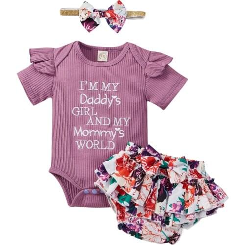 3 Pcs Baby Girls Summer Clothes Knitted Letter Print Fly Sleeve Round Neck Romper+Floral Ruffle Shorts+ Bowknot Headband Outfits