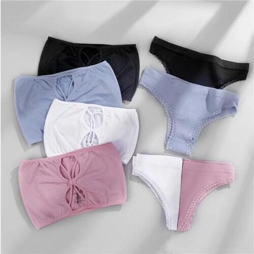 European Style Underwear Set Womens Cotton Underwear Sexy Solid Color Top Fashion Hollow Out Strapless Bra Female Lingerie Set