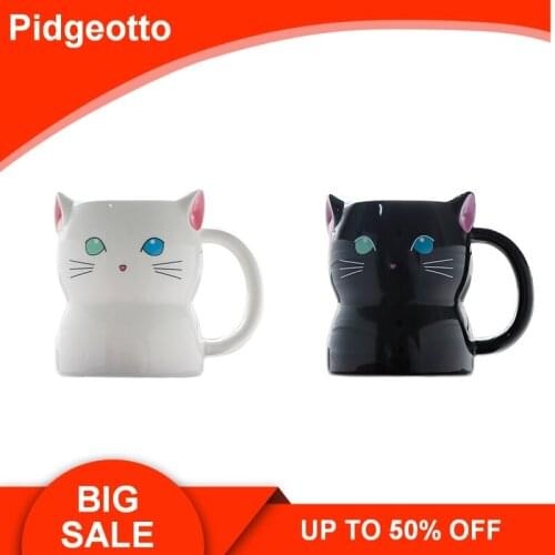 Cute Animal 3D Cat Coffee Cup Hand Painted Cartoon Ceramics Blue Eye Green Eye Black And White Cat Breakfast Milk Mug
