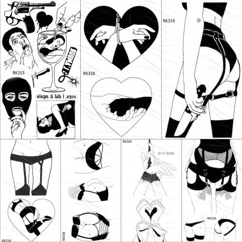 OMMGO Heart Body Art Sexy Adults Temporary Tattoo Stickers Body Art Arm Fake Tattoos Weapon Love Handcuffs Tatoos For Men Women