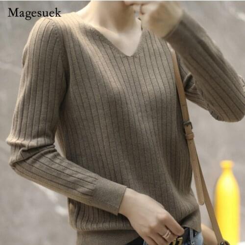 2021 Autumn New V-Neck Sweater Casual OL Style Loose Pullover Sweater Solid V-neck Long Sleeve Sweater Top Women Clothing 16091