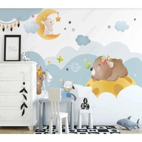 Papel de parede Nordic ins hand-painted cartoon bear starry sky clouds childrens room 3D wallpaper mural,living room home decor