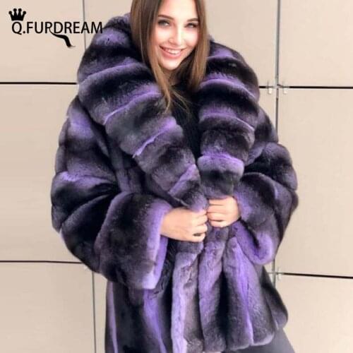 Q.FURDREAM 2020 Luxury Real Rex Rabbit With Fur Hood Chinchilla Color High Quality Winter Warm Whole Skin Thick Outerwear
