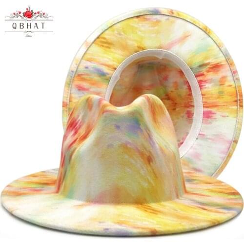 QBHAT 2021 New Fashion Double Side Tie Dye Wide Brim Wool Felt Jazz Fedoras Hats Gentleman Elegant Panama Trilby Caps Top Hat