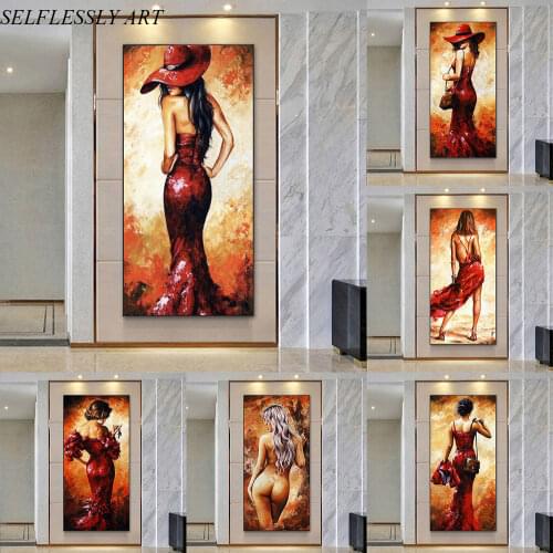 SELFLESSLY Sexy Woman Red Dresses Oil Painting Canvas Print Modern Art Wall Pictures For Living Room Abstract Cuadros Home Decor