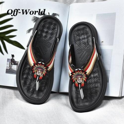 Summer Men Flip Flops Genuine Leather Embroidery Slippers Sandals Shoes Rubber Non-Slip Outdoor Beach Vacation Footwear For Male
