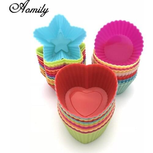 Aomily 12pcs/Set Silicone Heart/Round/Star/Rose Cupcake Soap Cake Mold Muffin Baking Nonstick and Heat Resistant Reusable Mould