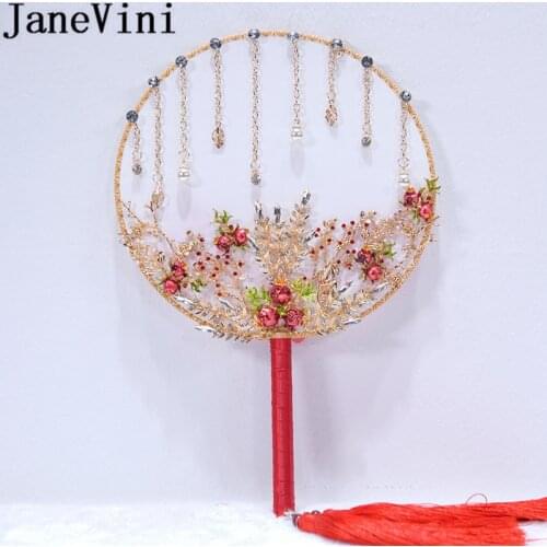 JaneVini Chinese Style Crystal Wedding Bouquet Bride Fan Red Pomegranate Beaded Bridal Flowers Round Fan Bouquets ramos de noiva