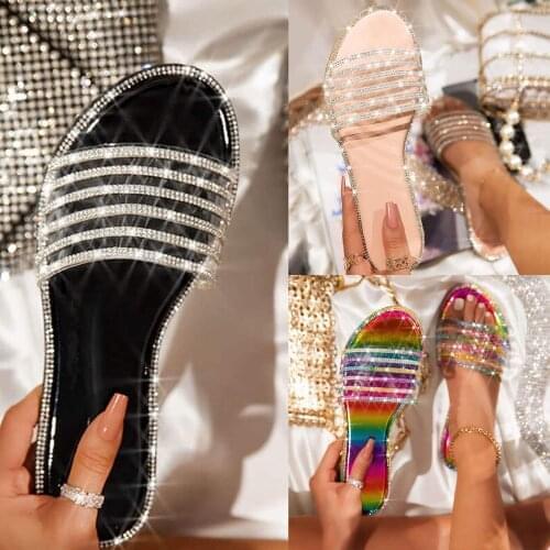 Slippers Women Outdoor Casual Glitter Bling Fancy Slide Flat Low Wedge Summer 2021 Fashion Sandals Beach Shoes Female Slippers