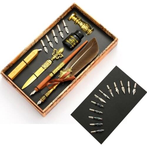 Vintage Quill Feather Dip Pen Fountain Writing Ink 5 Nibs Seal Wax Gift Box Calligraphy Stationery School Supplies